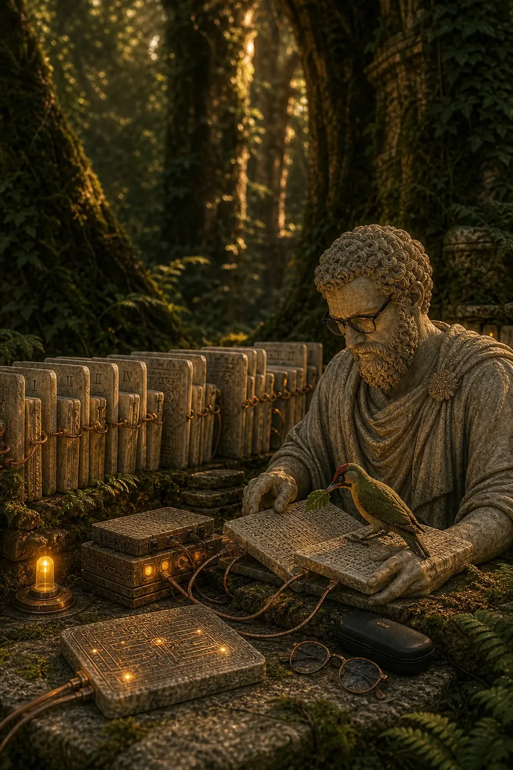 Een marmeren figuur bij een lichtgevend vindbaarheidspaneel.