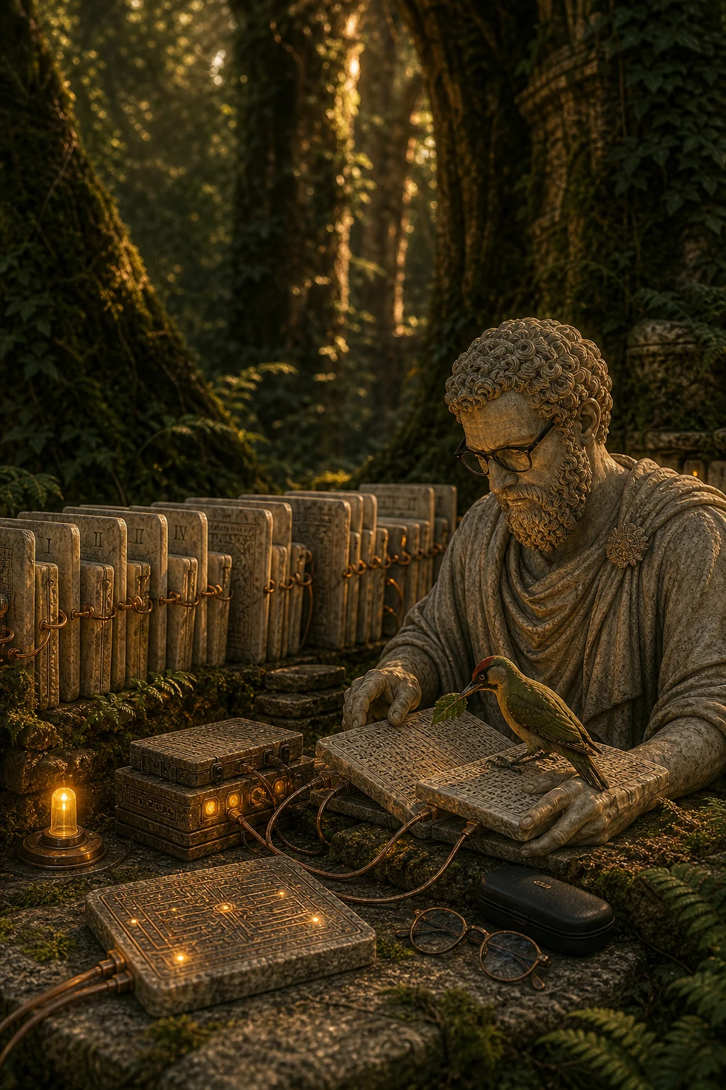 Een marmeren figuur bij een lichtgevend vindbaarheidspaneel.